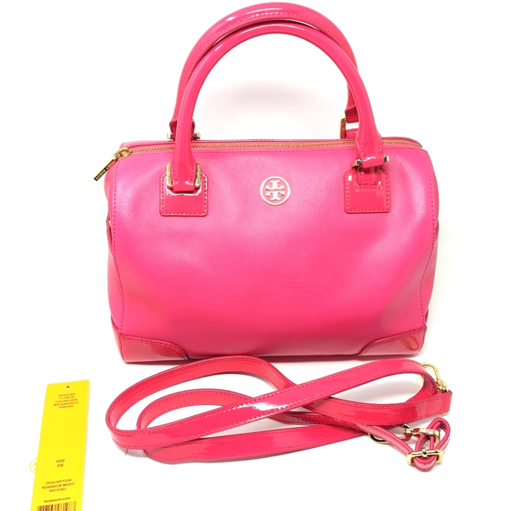 🎉Sale!🦄Rare!Tory Burch Pink Bag Bougainville Pink Robinson Middy Satchel Strap